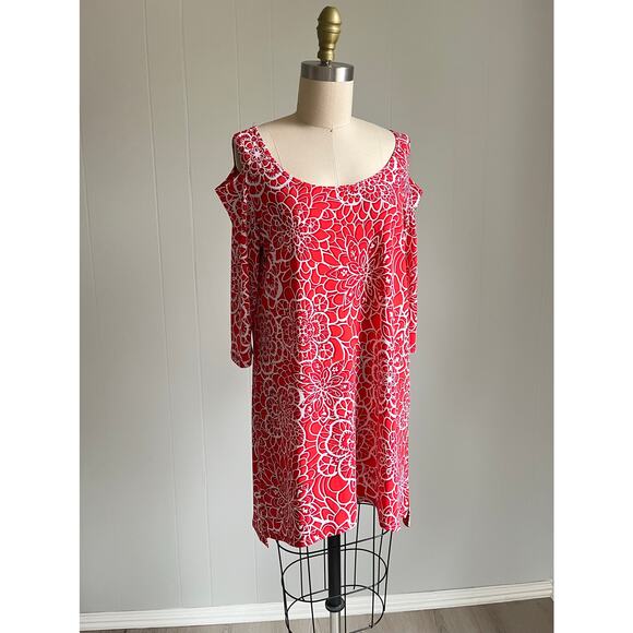Clara Sun Woo Tops - Clara Sunwoo Pink Stretchy Cold Shoulder Tunic Top XS Floral Geometric Long Line